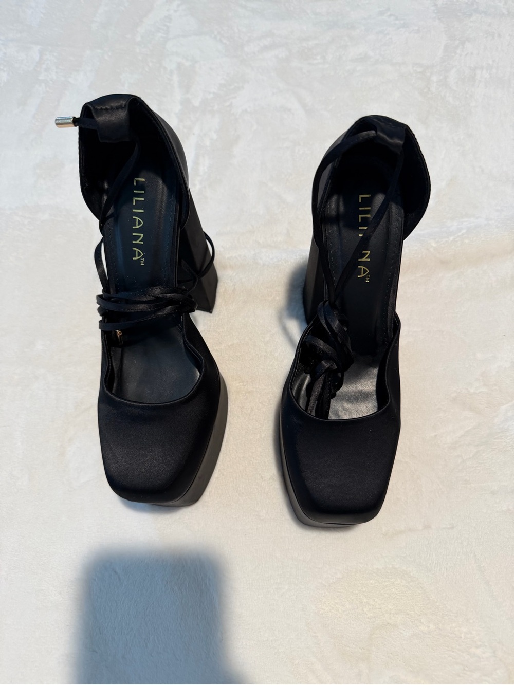 Liliana Black Satin Square-Toe Ankle Tie Block Heels
